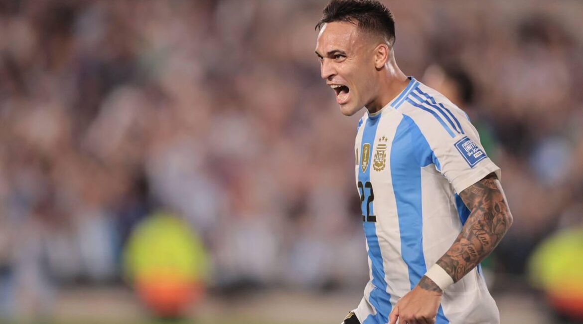 Lautaro Martinez celebrates his goal against Bolivia. Argentina's national football team delivered a stunning 6-0 victory over Bolivia during the 10th round of the South American World Cup Qualifiers at the Monumental Stadium in Buenos Aires, Argentina on October 15, 2024. Lionel Messi scored three goals and provided two assists, leading Argentina to 22 points and securing their spot at the top of the standings. Goals from Lautaro Martínez, Julián Álvarez, and Thiago Almada completed the dominant performance, which ended Bolivia's winning streak of three matches. (Photo by UNAR Photo/Sipa USA)