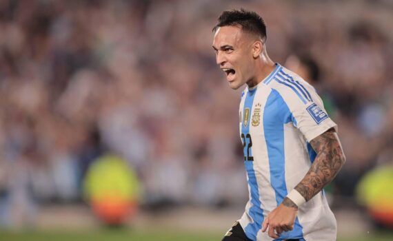 Lautaro Martinez celebrates his goal against Bolivia. Argentina's national football team delivered a stunning 6-0 victory over Bolivia during the 10th round of the South American World Cup Qualifiers at the Monumental Stadium in Buenos Aires, Argentina on October 15, 2024. Lionel Messi scored three goals and provided two assists, leading Argentina to 22 points and securing their spot at the top of the standings. Goals from Lautaro Martínez, Julián Álvarez, and Thiago Almada completed the dominant performance, which ended Bolivia's winning streak of three matches. (Photo by UNAR Photo/Sipa USA)