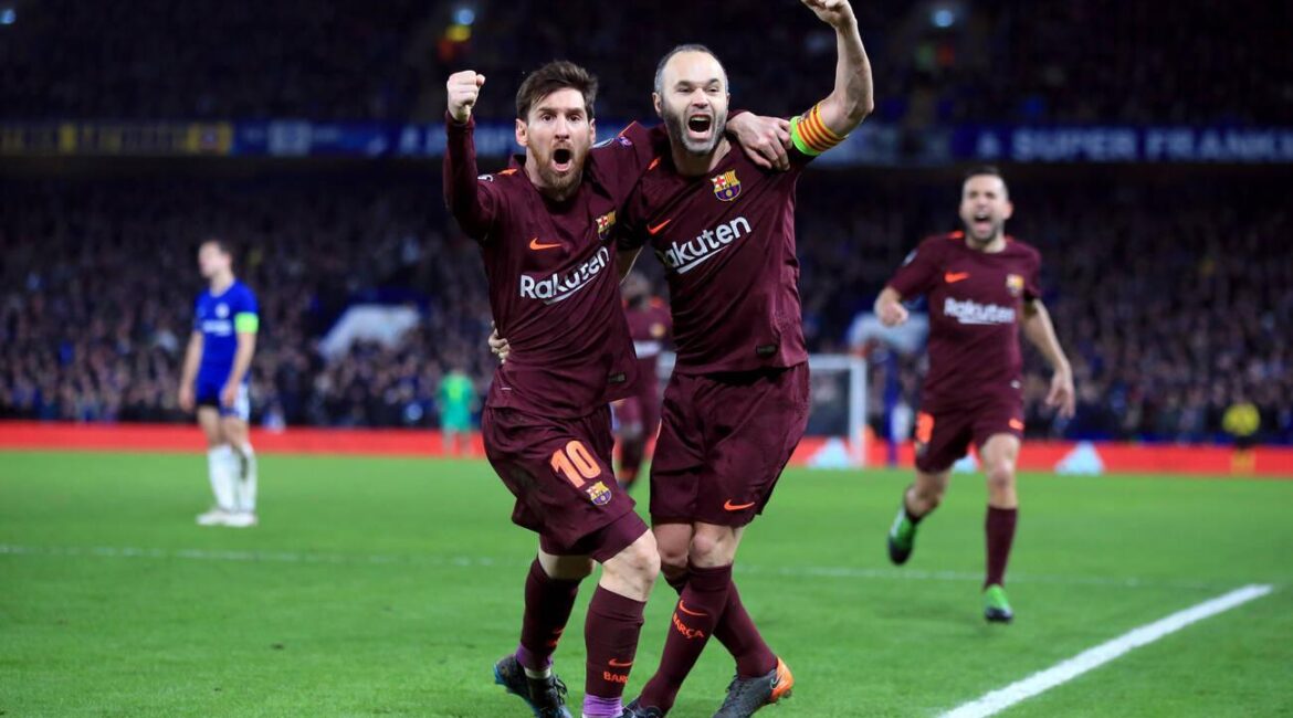 Barcelona's Lionel Messi (left) celebrates scoring his side's first goal of the game with Andres Iniesta during the UEFA Champions League