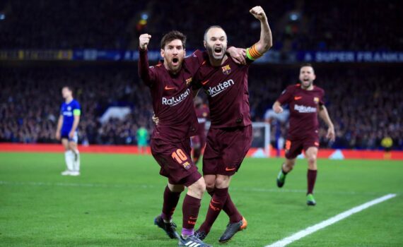 Barcelona's Lionel Messi (left) celebrates scoring his side's first goal of the game with Andres Iniesta during the UEFA Champions League