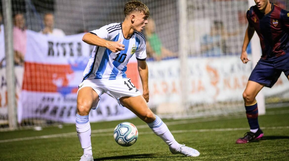 Real Madrid's Spanish-Argentine player Nico Paz during a match of the Argentina National Team in the COTIF 2022 tournament, Alcudia, Valencia, Spain