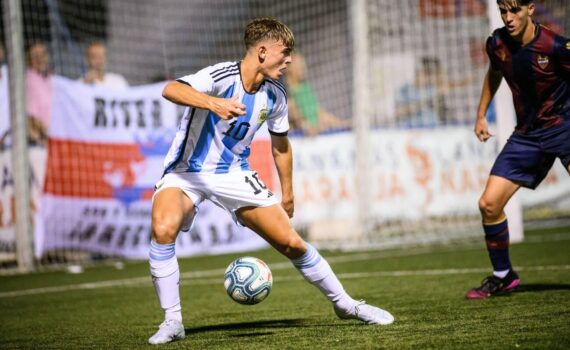 Real Madrid's Spanish-Argentine player Nico Paz during a match of the Argentina National Team in the COTIF 2022 tournament, Alcudia, Valencia, Spain