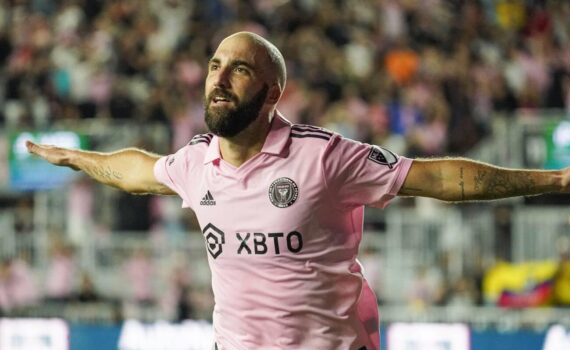 Fort Lauderdale, Florida, USA, October 5, 2022, Inter Miami attacker Gonzalo Higuaín #10 celebrate after scoring against Orlando City at Drive Pink Stadium. (Photo Credit: Marty Jean-Louis)