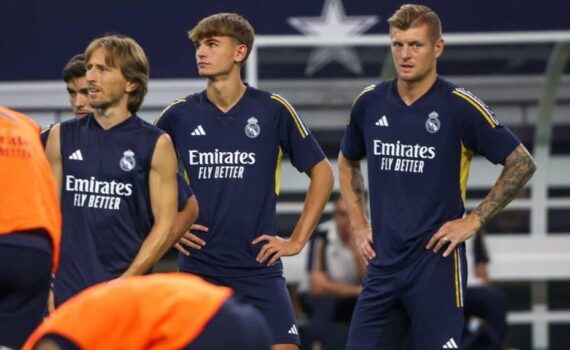 Dallas, United States. 28th July, 2023. Luka Modrić, Nico Paz and Toni Kroos of Real Madrid during a training session at AT&T Stadium in Dallas in the United States this Friday, July 28. Tomorrow the team faces Barcelona. Credit: Brazil Photo Press/Alamy Live News