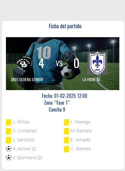 Fecha 1 - Dios Quiera Senior arrasa a La Fiore Senior con un contundente 4-0.